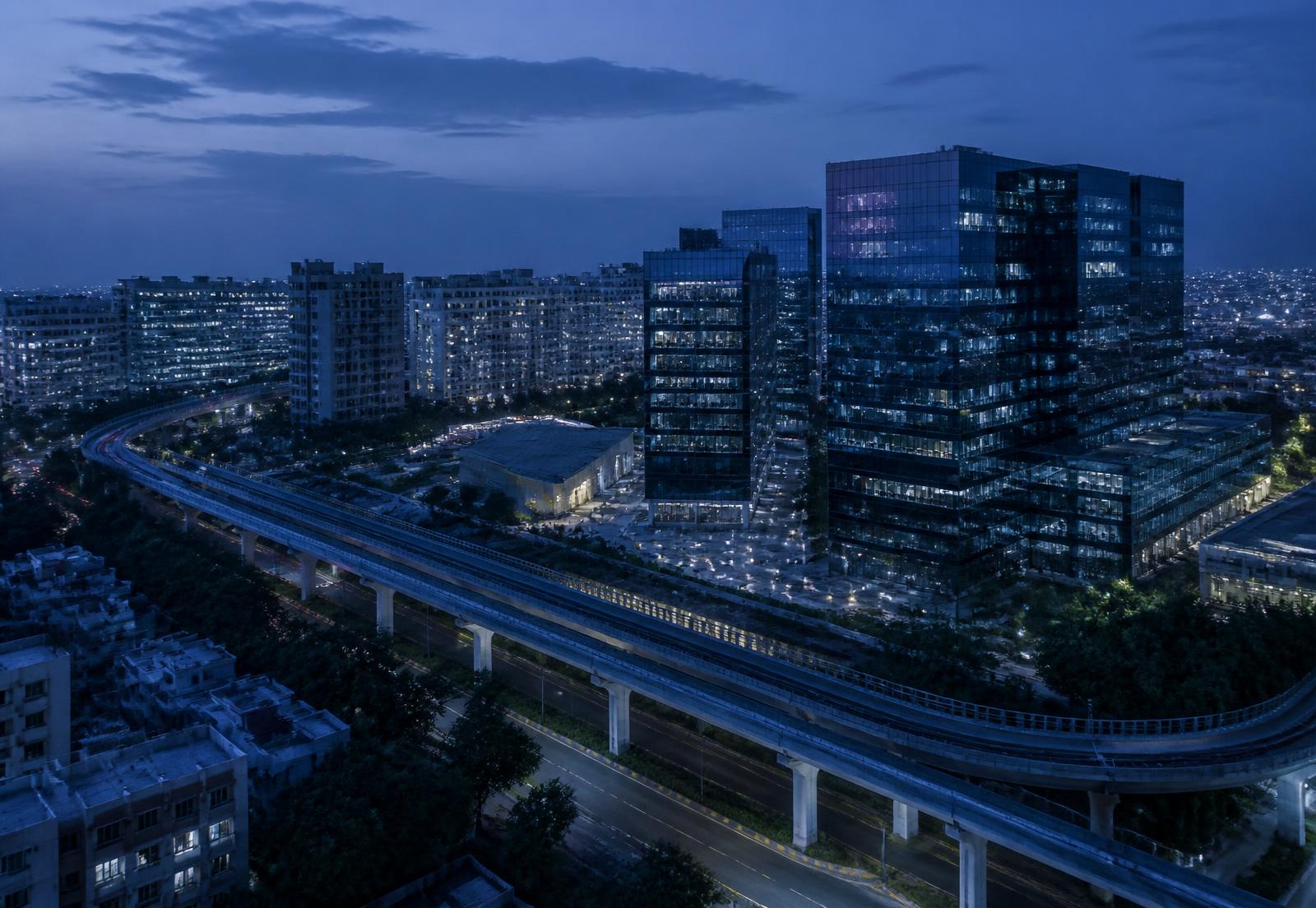 Metropolitan business district in India at dusk